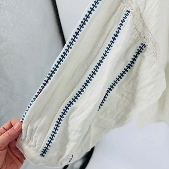 Lucky Brand Ivory Embroidered Cotton Gauze Peasant Blouse Size L Boho Peasant - Picture 5 of 9